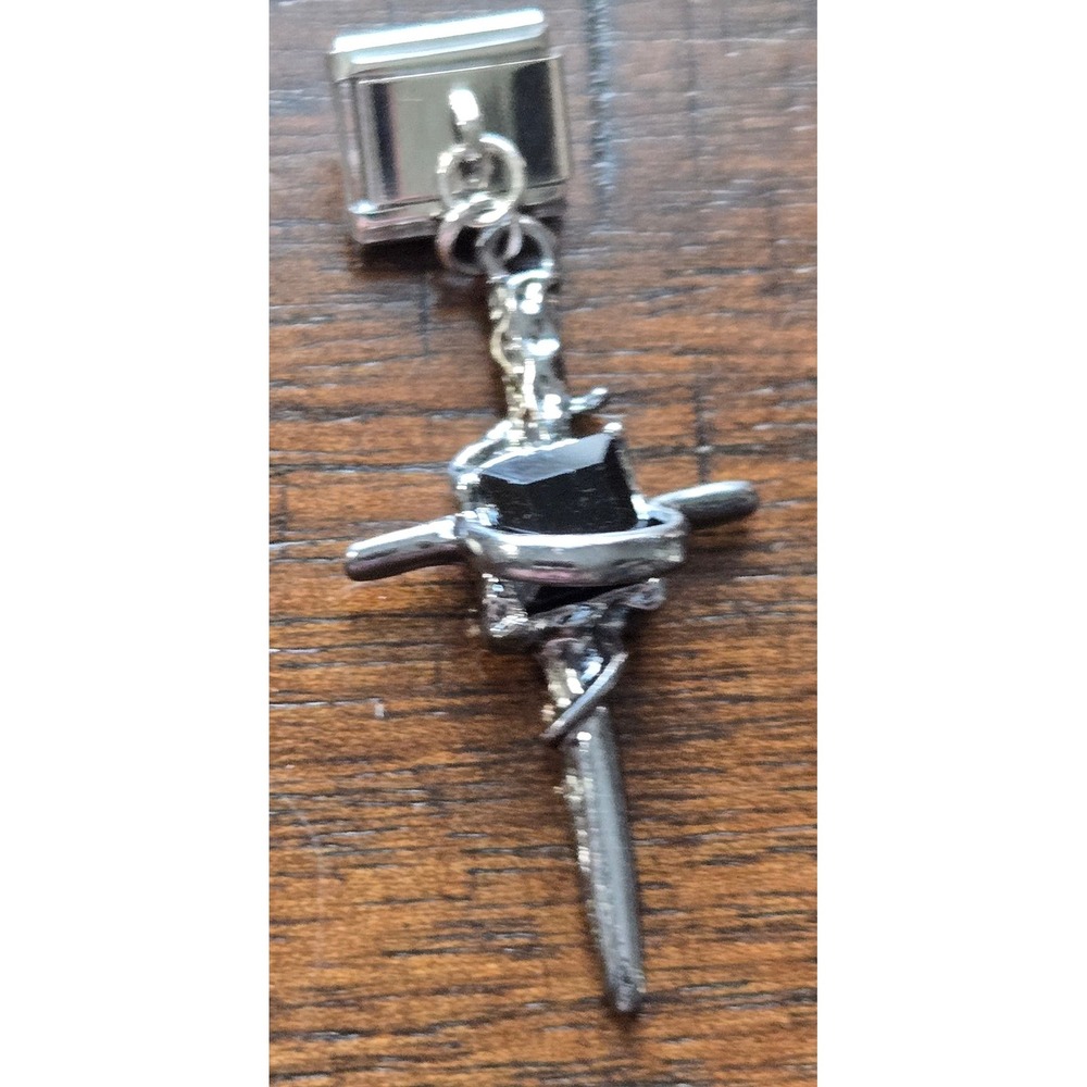 Stainless Steel 9mm Italian Charm Dagger Sword Black Stone Dangle Goth Link
